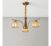 3 lumières en Verre Tulipe Amber Fleur Spoutnik Mid Century Wood Plafond Pendant Light Gold Floral Suspendu Lampe pour la Salle à Manger de Vie