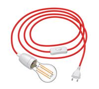 3 m câble textile LEHA II fiche interrupteur porcelaine rouge + lampe LED