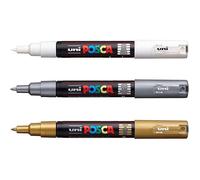 3 marqueurs Posca PC-3M blanc, or et argent | pointe fine conique