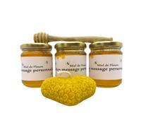 3 Miel de fleurs 250 grs français avec VOTRE MESSAGE PERSONNALISE + 1 Cuillère en buis artisanale + une bougie