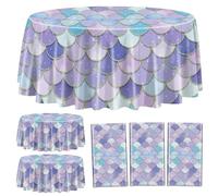 3 nappes en forme de sirène, Nappes d'anniversaire pour sirènes, Nappes rondes en écailles de poisson de l'océan pour les filles sous la mer Shower de bébé Fournitures de fête pour sirènes, 213x213cm