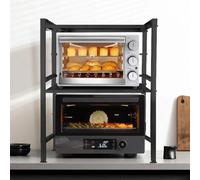 3 Niveaux Support de Four à Micro-Ondes Extensible, Etagere Rangement Cuisine Four à Micro Ondes avec 6 Crochets, Grille pour Four Micro-Ondes, Hauteur Réglable (Noir, 40-64x36.5x78cm)