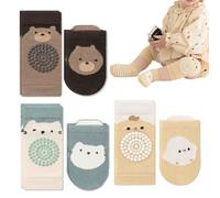 3 Paar Baby Krabbelsocken mit Knieschonern, Anti-Rutsch Gummipunkte Socken Set für Kleinkinder 0-12 Monate, Weiche Krabbelsocken mit Tierdesign (Braun Bär, Blau Katze, Gelb Küken)