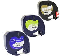 3-Pack Cassettes Noir sur Blanc/Transparent Plastique (12mm x 4m) & Textile (12mm x 2m) Rubans Étiquettes compatibles pour Etiqueteuse Dymo LT-100H LT-100T LT-110T QX 50 XR XM 2000 Plus