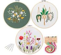3 Pack Embroidery Starter Kit with Pattern, Kissbuty Full Range of Stamped Embroidery Kit Including Embroidery Fabric with Pattern, Bamboo Embroidery Hoops, Color Threads and Tools Kit (Floral Plants)