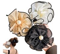 3 Pack Korean Ultra-Pretty Mesh Flower Hair Clip, Pearl Mesh Double Flower Hair Clip, Claw Barrettes Hairgrips Bun Twist Hairclips Ponytail Hair Holder, Fashion Hair Accessory for Women Girls (3PCS)