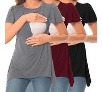 3 Pack T-Shirt Maternité Femme Blouses et Chemises Maternité D'été Couleur Pure Manches Courtes Vetement Grossesse Maternité Col Rond Double Couche Allaitement Tee Shirt Grossesse Hauts d'Allaitement