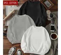 3 packs de Sweat-shirt-shirts col rond de couleur unie, doublure en polaire épaisse, style décontracté manches longues, doux et confortable, convient pour le port quotidien, printemps/automne, élément
