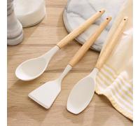 3 PAGEN Lot de 3 ustensiles de cuisine en silicone avec poignées en bois de hêtre - Blanc - Ustensiles de cuisine - Accessoires de cuisine pour la cuisine - Facile d'entretien, de qualité supérieure