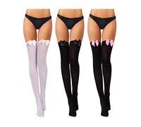 3 Paires Bas Hauts de Cuisse en Dentelle avec Noeud pour Femmes Chaussettes Hautes de Genou de Saint-Valentin (Noir avec Noeud Noir, Noir avec Noeud Rose, Blanc avec Noeud Blanc),Taille unique