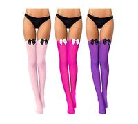 3 Paires Bas Hauts de Cuisse en Dentelle avec Noeud pour Femmes Chaussettes Hautes de Genou de Saint-Valentin (Violet avec Noeud Noir, Rouge Rose avec Noeud Blanc, Rose avec Noeud Noir),Taille unique