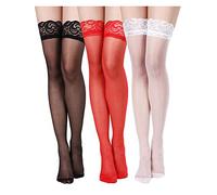 3 Paires Bas Hauts de Cuisse en Dentelle Collants Bas en Soie (Noir, Blanc, Rouge, S-M)