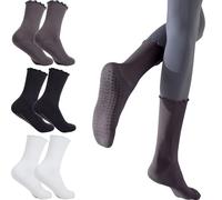 3 paires de chaussettes de pilates avec grips antidérapantes - Chaussettes de yoga à volants avec grips - Chaussettes pour ballet, danse, entraînement pieds nus - Chaussettes de maternité