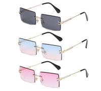3 paires de lunettes de soleil sans cadre pour femmes, lunettes de soleil rectangulaires vintage, lunettes de protection unisexe, appropriées pour la photo, le sport (violet, bleu - Rose, noir)