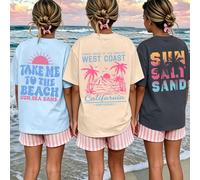 3 paquets de t-shirts col rond style plage d'été pour filles avec lettres, palmier, coucher de soleil de la côte ouest, ensemble d'été à la mode et confortable 6Y,7Y,8Y,9Y,10Y,4Y,5Y,14Y,11Y,12Y,13YLet
