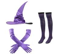 3 PCS Accessoires de Costume Sorcière Femme Chapeau Sorcière Collants à Rayures et Gants Accessoire Déguisement pour Halloween Carnaval Mascarade Cosplay Fête Costumée Réunion de Famille, Violet