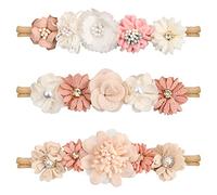 3 Pcs Bandeaux Bébé Fille 0-3 Ans, Bandeau Bebe Fleur Élastique en Nylon avec Perle Strass, Bandeau Turban Mince Doux Floraux, Bande de Cheveux Mignon pour Nouveau-Né Filles Enfants, 3 Styles (A)