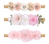 3 Pcs Bandeaux Bébé Fille 0-3 Ans, Bandeau Bebe Fleur Élastique en Nylon avec Perle Strass, Bandeau Turban Mince Doux Floraux, Bande de Cheveux Mignon pour Nouveau-Né Filles Enfants, 3 Styles (D)