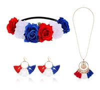 3 Pcs Bandeaux de Fleurs Boho Patriotiques du Fête du Travail Collier Boucles d'Oreilles Pompon et Bandeau Rouge Blanc Bleu Fête de Jour du Souvenir Jour de l'Indépendance
