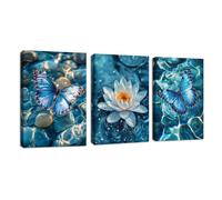 3 Pcs Bleu Blanc Lotus Fleur Papillon Tableau Décoration Murale Salon Zen Pierres Impression sur Toile Image sur Toile Abstraite Peintures sur Toile Décoration Murale pour Yoga Spa Chambre 50x70cmx3