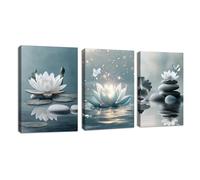 3 Pcs Bleu Gris Zen Méditation Tableau Décoration Murale Salon Impression sur Toile Blanc Lotus Floraison sur pierres dans lac Image sur Toile Peintures sur Toile Décor Yoga Spa Chambre 30x40cmx3 Pcs