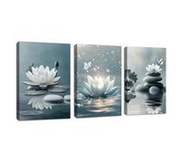 3 Pcs Bleu Gris Zen Méditation Tableau Décoration Murale Salon Impression sur Toile Blanc Lotus Floraison sur pierres dans lac Image sur Toile Peintures sur Toile Décor Yoga Spa Chambre 50x70cmx3 Pcs