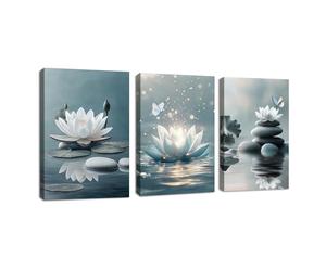 3 Pcs Bleu Gris Zen Méditation Tableau Décoration Murale Salon Impression sur Toile Blanc Lotus Floraison sur pierres dans lac Image sur Toile Peintures sur Toile Décor Yoga Spa Chambre 30x40cmx3 Pcs