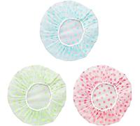 3 pcs bonnets de douche, chapeaux de bain réutilisables adultes élastiques avec des points bleu vert rose, chapeaux environnementaux de cheveux longs en plastique pour dames filles enfants Spa Salon