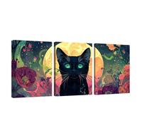 3 Pcs Cadre en Bois Impression sur Toile Chat Tableau Decoration Murale Lune Poster Affiche Peinture Image sur Toile Tableau Decoration Murale Bain Salon Bureau Chambre, Cadeau Femme 30x40cm U1-692