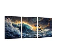 3 Pcs Cadre en Bois Impression sur Toile Dauphin Tableau Decoration Murale Océan Poster Affiche Peinture Image sur Toile Tableau Decoration Murale Bain Salon Bureau Chambre, Cadeau 45x70cm U1-270