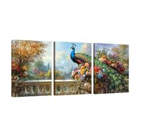 3 Pcs Cadre en Bois Impression sur Toile Fleur Tableau Decoration Murale Paon Poster Affiche Peinture Image sur Toile Tableau Decoration Murale Bain Salon Bureau Chambre, Cadeau Femme 50x75cm U1-425