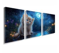3 Pcs Cadre en Bois Impression sur Toile, Tableau Decoration Murale, Tableau Chat Affiche Decoration Murale Lune Poster et Arts Décoratifs Triptyque Salon Chambre Prêt a Accrocher 30x45 cm 1f-783