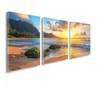 3 Pcs Cadre en Bois Impression sur Toile, Tableau Decoration Murale, Tableau Coucher de soleil Affiche Decoration Murale Bord de la mer Poster et Arts Décoratifs Cuisine Salon Chambre 30x45 cm 1f-769