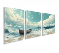 3 Pcs Cadre en Bois Impression sur Toile, Tableau Decoration Murale, Tableau Plage Affiche Decoration Murale Bateau Poster et Arts Décoratifs Triptyque Salon Chambre Prêt a Accrocher 55x80 cm 1f-711