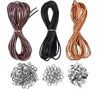 3 Pcs Cordon en Cuir Véritable, Cordon Bracelet avec 150 Anneaux Ouverts, Fermoirs Mousqueton et Extrémités Cordon pour Fabrication de Bijoux