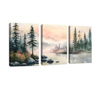 3 Pcs Coucher de soleil au bord d'un lac Tableau Décoration Murale Salon,Forêt rose brumeuse montagne Impression sur Toile Image sur Toile Peintures sur Toile Décoration Murale pour Chambre 40x60cmx3