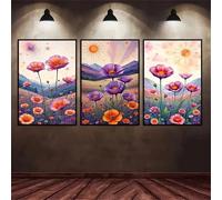 3 Pcs DIY 5D Diamant Peinture Kits Fleur rouge Diamond Painting Plein Foret Cristal Strass 3 Pièces Diamant Broderie Point De Croix Moderne Arts Craft Décoration de la Maison Cadeau 150x70cm S-5296