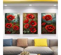 3 Pcs DIY 5D Diamant Peinture Kits Fleur rouge Diamond Painting Plein Foret Cristal Strass 3 Pièces Diamant Broderie Point De Croix Moderne Arts Craft Décoration de la Maison Cadeau 150x70cm S-5274