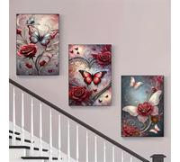 3 Pcs DIY 5D Diamant Peinture Kits Papillon rouge Diamond Painting Plein Foret Cristal Strass 3 Pièces Diamant Broderie Point De Croix Moderne Arts Craft Décoration de la Maison Cadeau 90x40cm S-5310