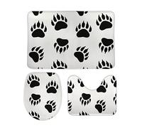 3 Pcs Ensemble Salle de Bain Tapis Empreinte de Patte d'ours dessinée à la Main, Noire Doux Tapis Contour Toilette Lavable Tapis de Toilette pour Douche Baignoire