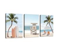 3 Pcs Été Bleu Côtier Paysage Tableau Decoration Murale Avec Cadre, Planche De Surf Parasol Impression Sur Toile Détente Naturel Paysage Tableau Peinture Affiches Décor pour Chambre Salon 50x70cmX3