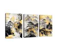 3 Pcs Nature Noir Or Montagne Toile Murale Decoration Nature Pin Arbres Rivières Tableau Décoration Murale Gris Affiche Impression sur Toile Peinture Deco Pour Salon Chambre Cuisine Maison 40x60cmx3