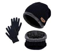 3 PCS Noir Enfants Ensemble Bonnet Écharpe Gant Ensemble, Bonnet en Tricot à Doublure Polaire Chaude Cercle D'écharpe Thermique avec Gants à Écran Tactile Pour Garçons Filles (Bleu Marine)