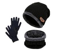 3 PCS Noir Enfants Ensemble Bonnet Écharpe Gant Ensemble, Bonnet en Tricot à Doublure Polaire Chaude Cercle D'écharpe Thermique avec Gants à Écran Tactile Pour Garçons Filles (Noir)