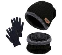3 PCS Noir Ensemble Bonnet Écharpe Gant Ensemble, Bonnet en Tricot à Doublure Polaire Chaude Cercle D'écharpe Thermique avec Gants à Écran Tactile (Noir)