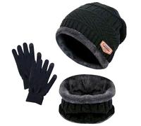 3 PCS Noir Ensemble Bonnet Écharpe Gant Ensemble, Bonnet en Tricot à Doublure Polaire Chaude Cercle D'écharpe Thermique avec Gants à Écran Tactile (Gris)