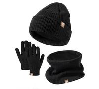 3 PCS Noir Garçons Ensemble Bonnet charpe Gant Enfants Hiver Chaud Tricoté Polaire Cache Cou Gants pour Filles 3-10 Ans