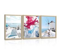 3 Pcs Paysage Urbain D'une île Grecque Tableau Décoration Murale En Cadre, Santorin Bleue Mer Égée Impression Sur Toile Clocher Fleur Affiche Peintures Décor Mural pour Salon Chambre étude 30x40cmx3