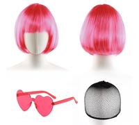 3 PCS Perruque Femme, Perruque Rose, Perruque Disco Bob avec Lunettes