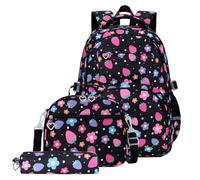 3 pcs Scolaires Sac à Dos avec boîte à Lunch à la Mode pour Filles (Noir)